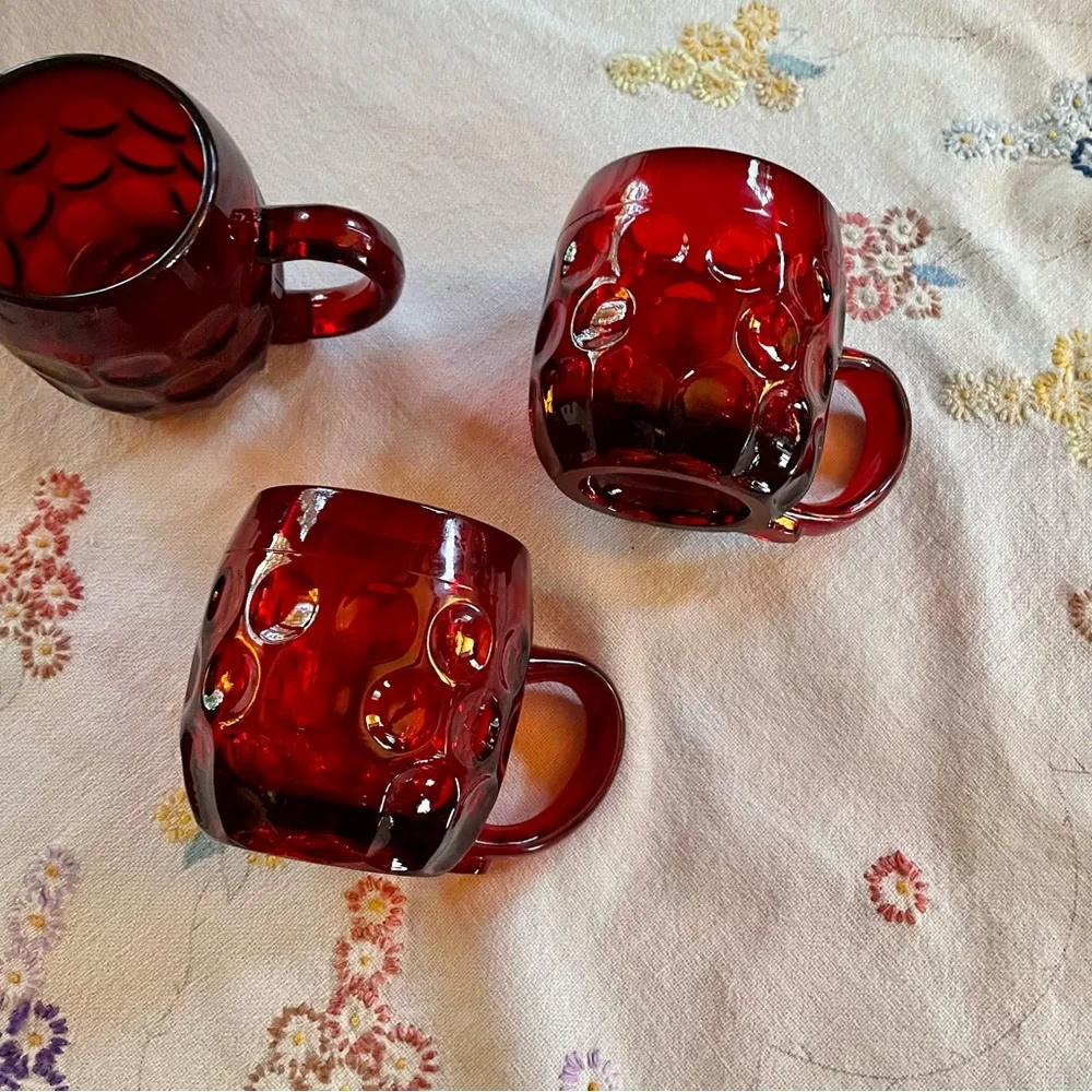 Vintage Ruby Red Mid-century Modern Glass Thumbprint Mugs. Set of 3. 8oz.